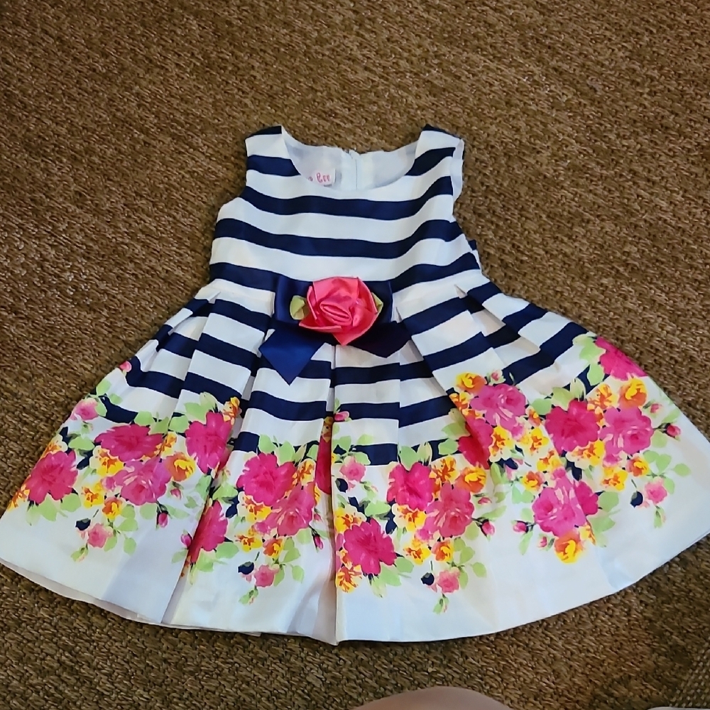 Girls' Striped Floral Dress with Pink Accents